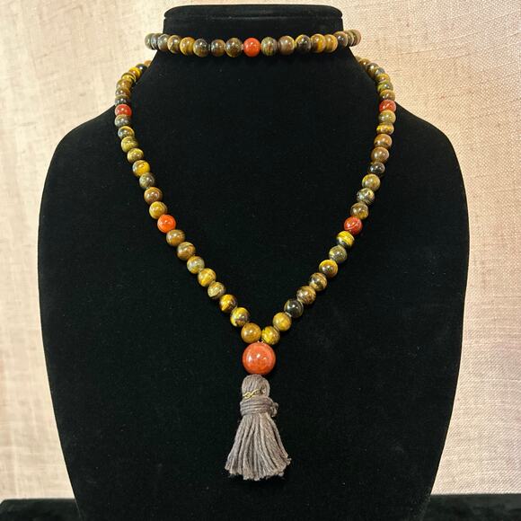 Handmade Jewelry - Vintage Tigers Eye and Orange Agate 32 inch Tassel Statement Necklace